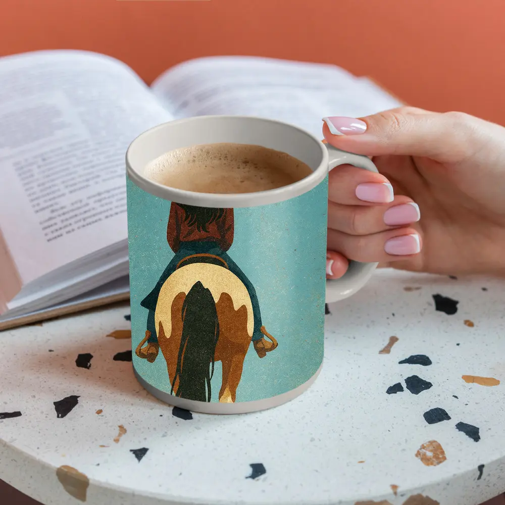 Cowgirl Riding Paint Horse Teal Background – Mugs