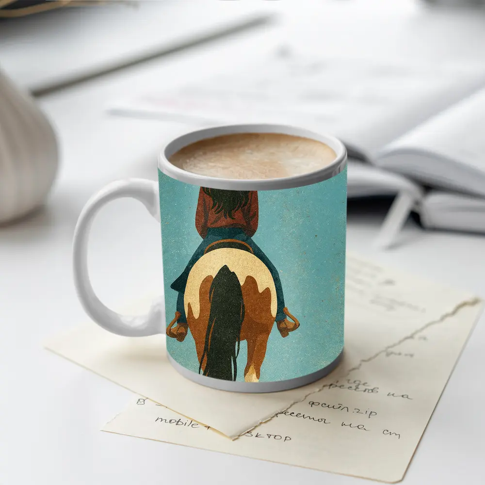 Cowgirl Riding Paint Horse Teal Background – Mugs