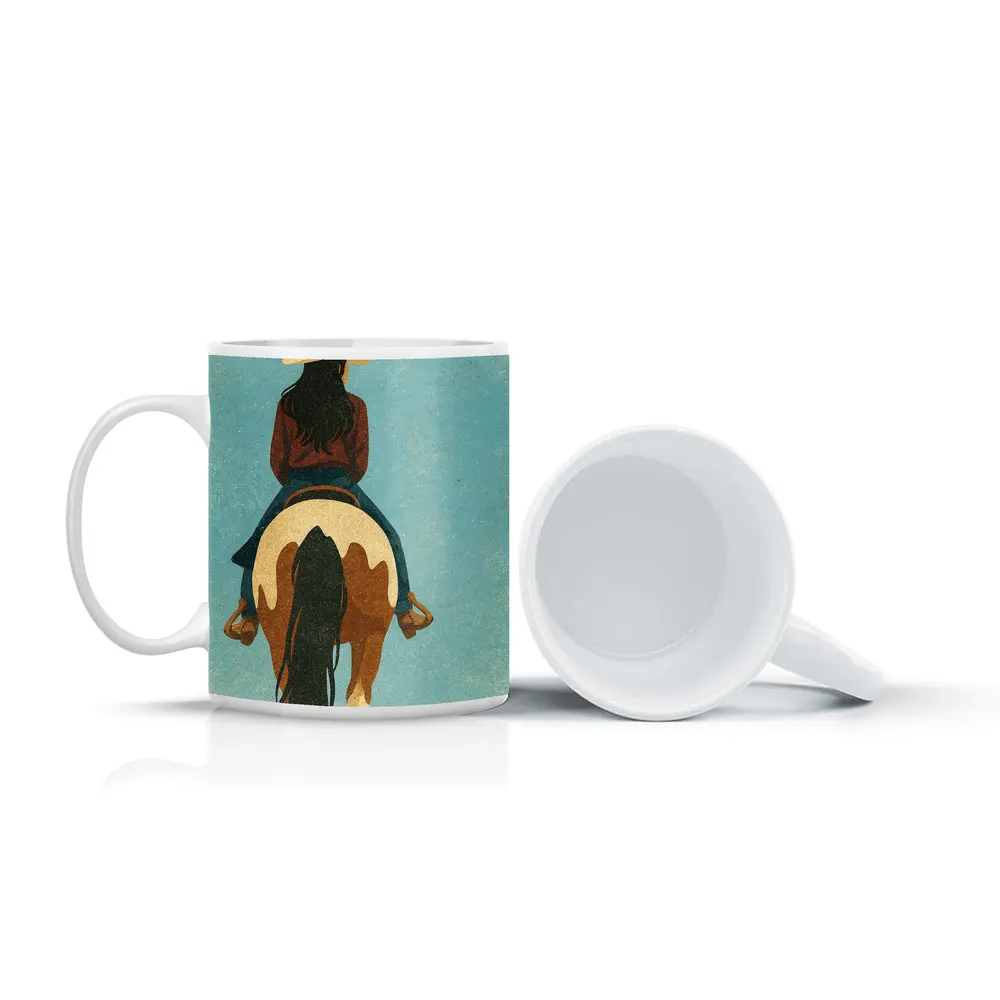 Cowgirl Riding Paint Horse Teal Background – Mugs