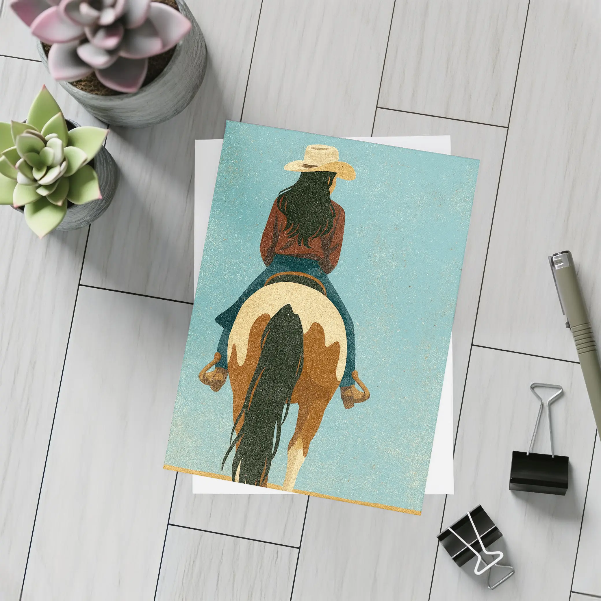 Cowgirl Riding Paint Horse Teal Background – Postcards