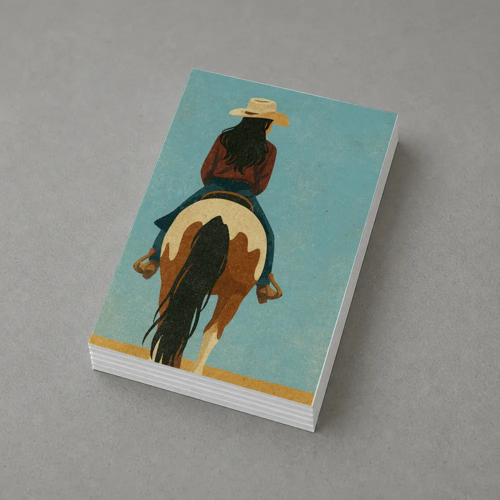 Cowgirl Riding Paint Horse Teal Background – Postcards