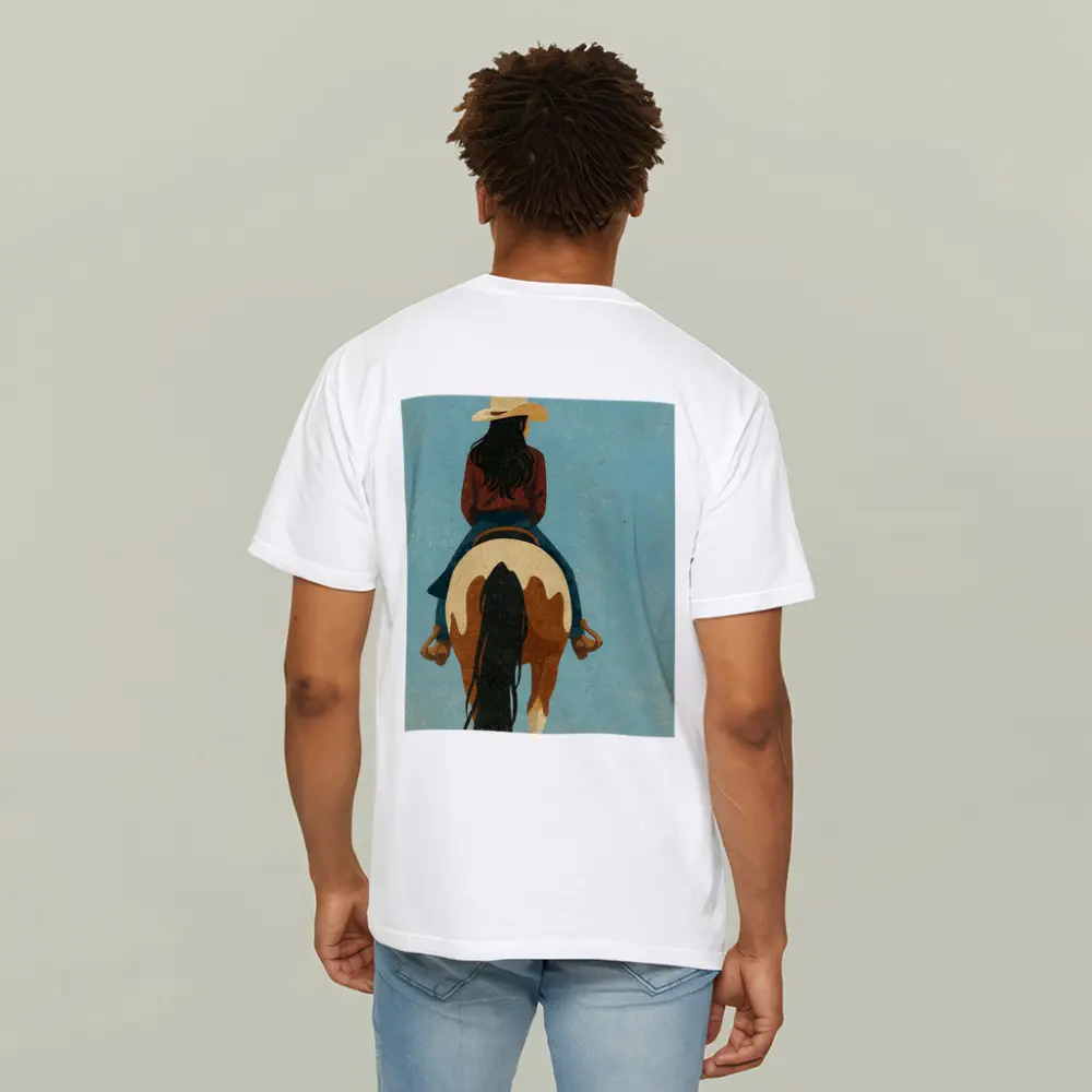 Cowgirl Riding Paint Horse Teal Background – T-Shirts