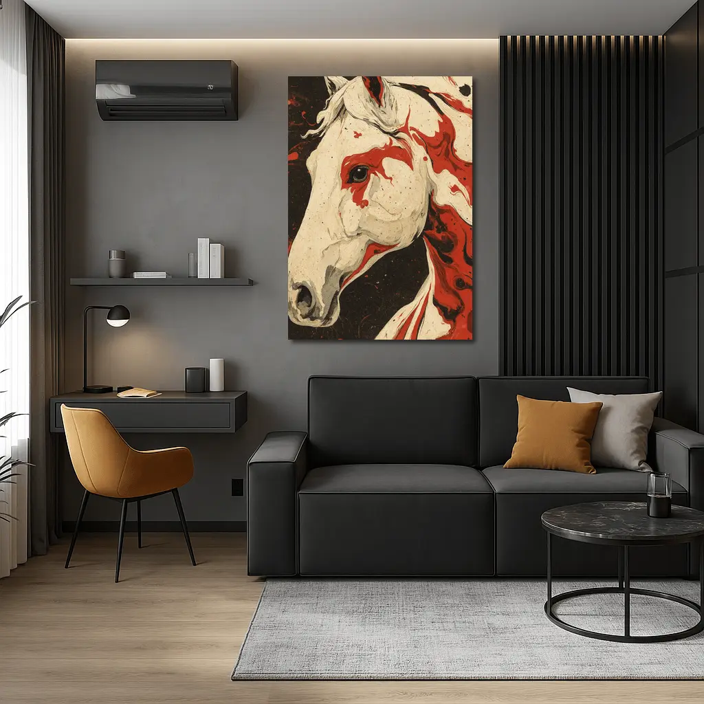 White Horse Red Ink Splash Dark Background – Wall Art