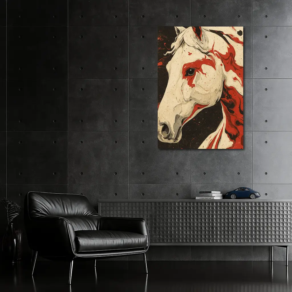 White Horse Red Ink Splash Dark Background – Wall Art