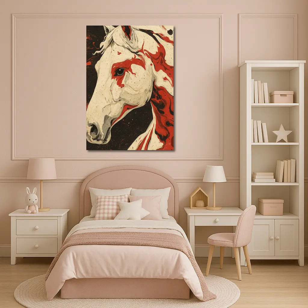 White Horse Red Ink Splash Dark Background – Wall Art
