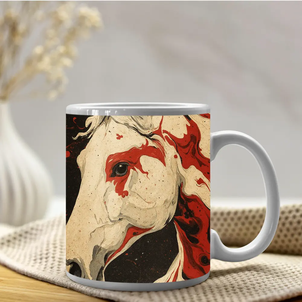 White Horse Red Ink Splash Dark Background – Mugs