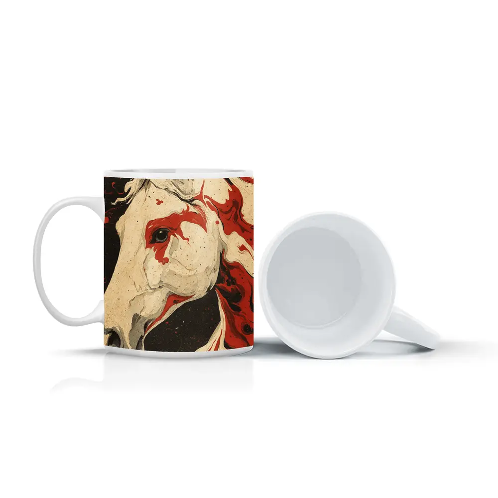 White Horse Red Ink Splash Dark Background – Mugs