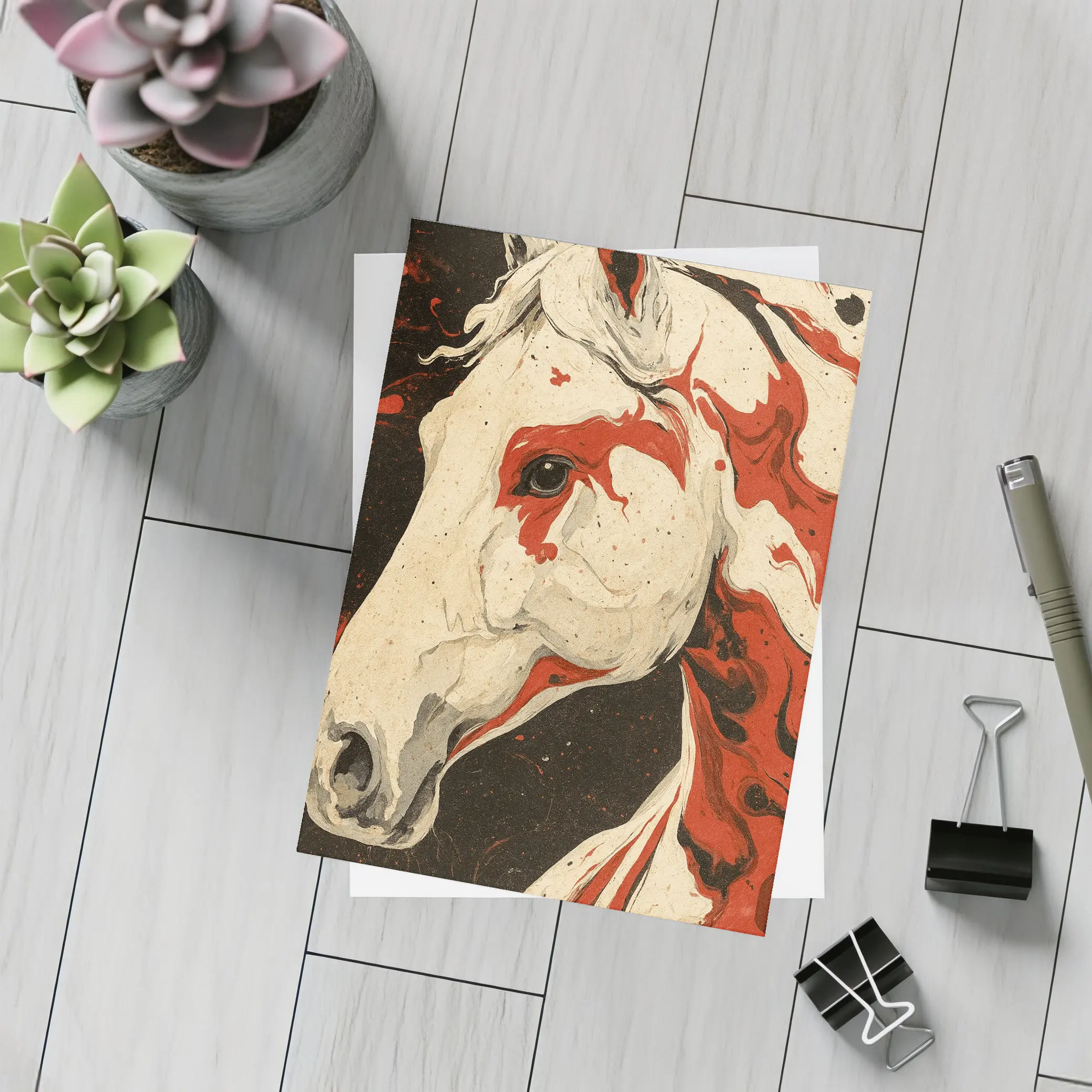 White Horse Red Ink Splash Dark Background – Postcards