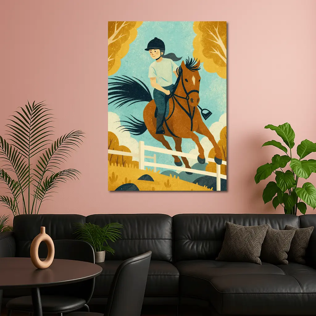 Girl Riding Horse Over Jump Autumn – Wall Art