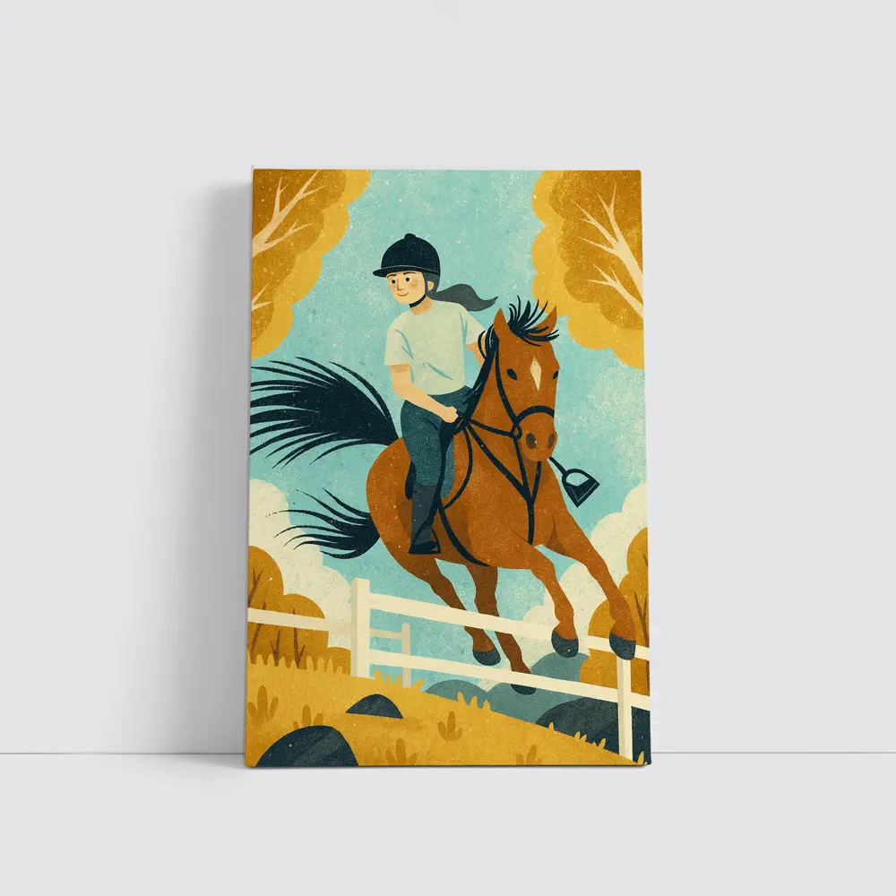 Girl Riding Horse Over Jump Autumn – Wall Art