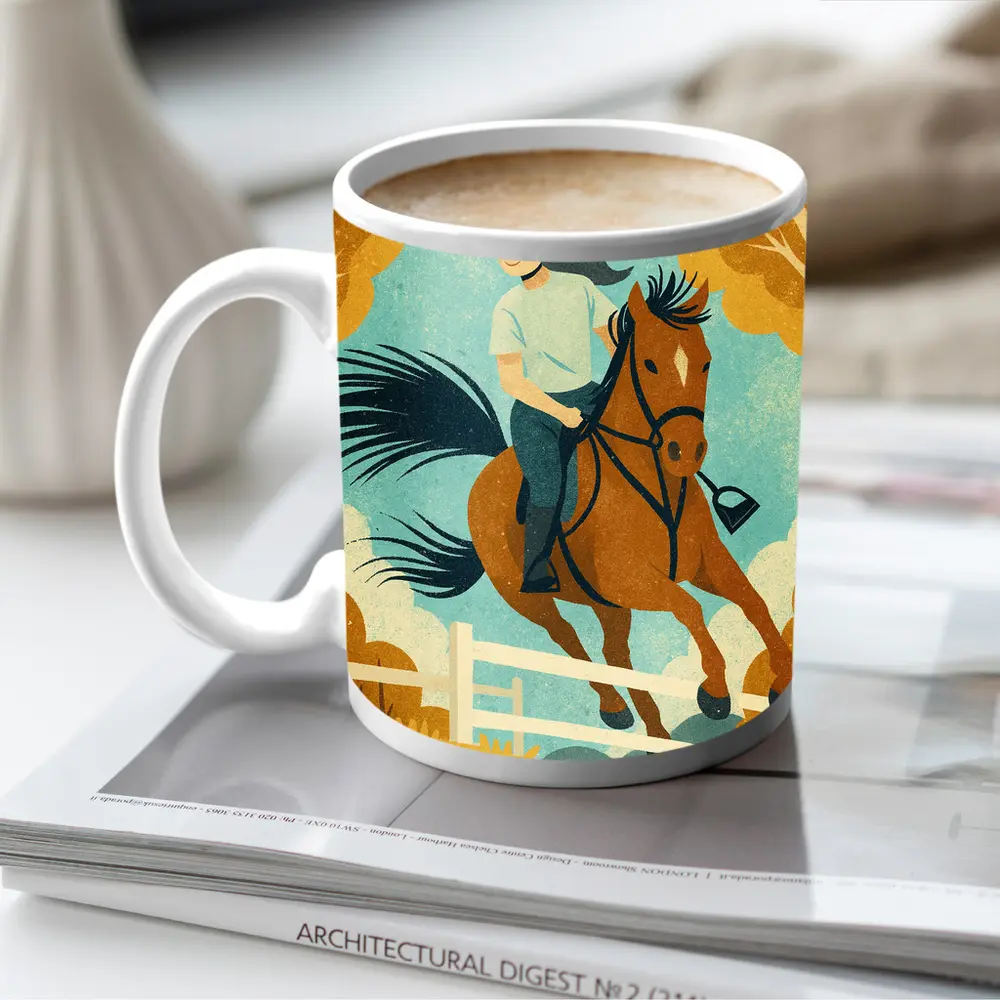Girl Riding Horse Over Jump Autumn – Mugs