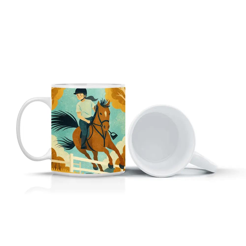 Girl Riding Horse Over Jump Autumn – Mugs