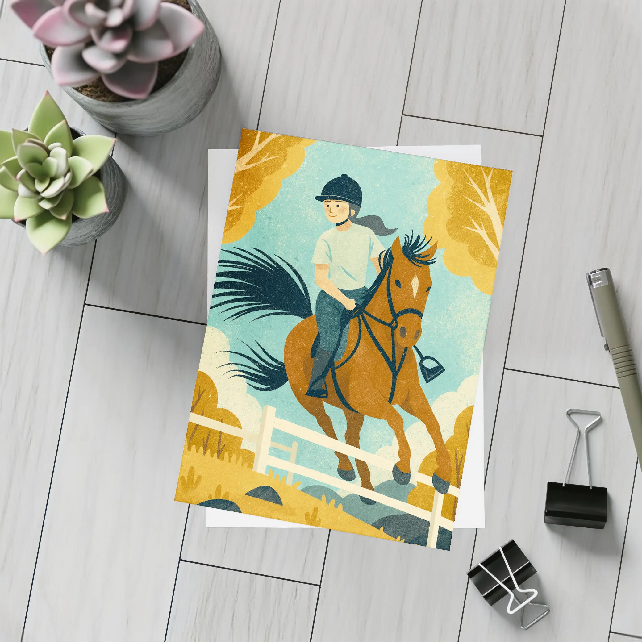 Girl Riding Horse Over Jump Autumn – Postcards