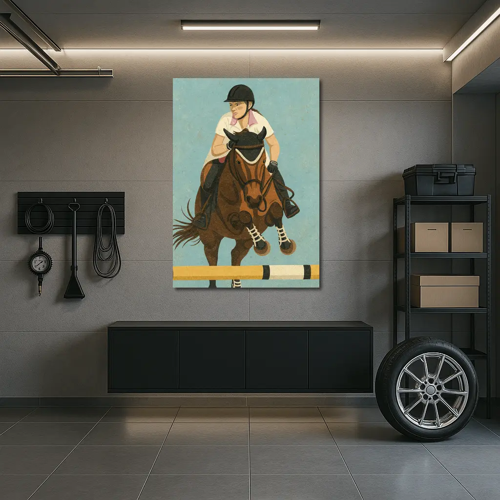 Equestrian Rider Jumping Horse Blue Background – Wall Art