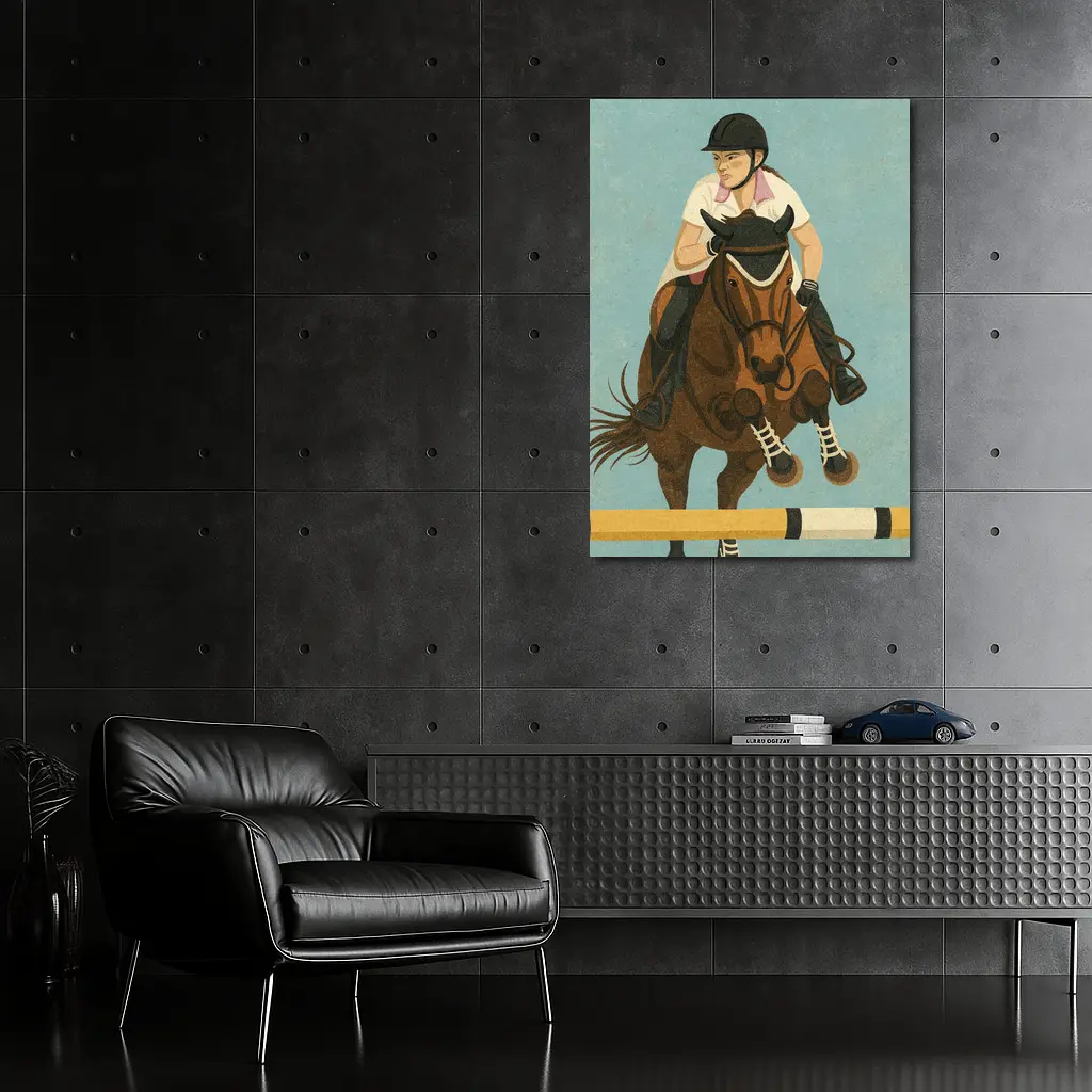 Equestrian Rider Jumping Horse Blue Background – Wall Art