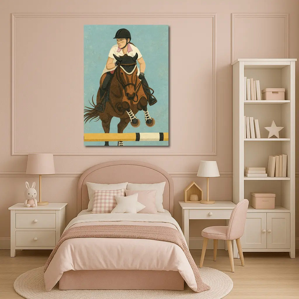 Equestrian Rider Jumping Horse Blue Background – Wall Art