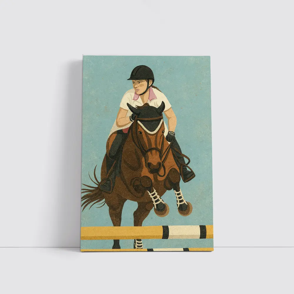 Equestrian Rider Jumping Horse Blue Background – Wall Art