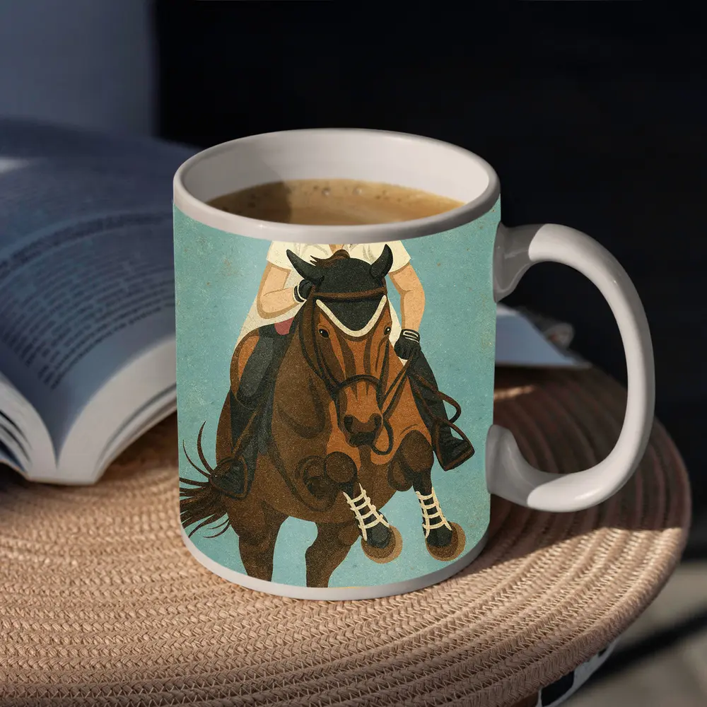 Equestrian Rider Jumping Horse Blue Background – Mugs