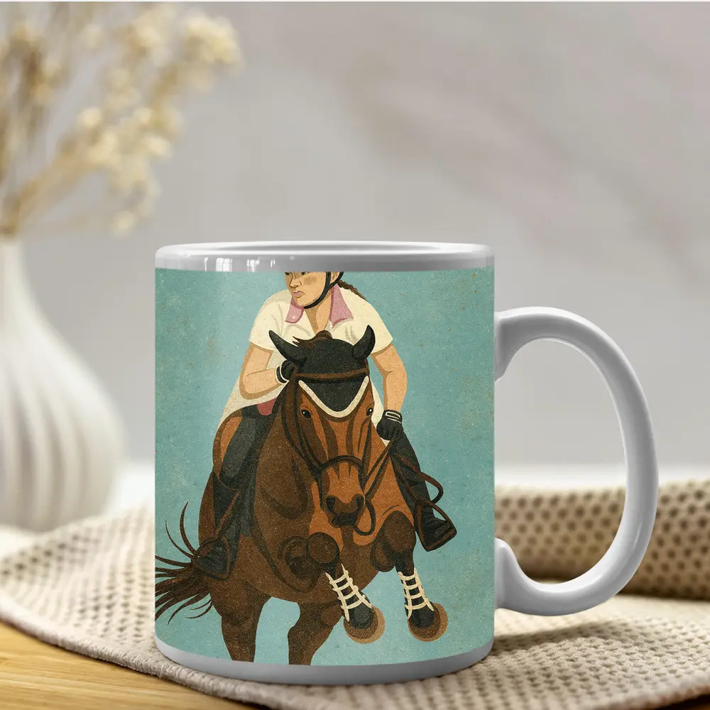 Equestrian Rider Jumping Horse Blue Background – Mugs