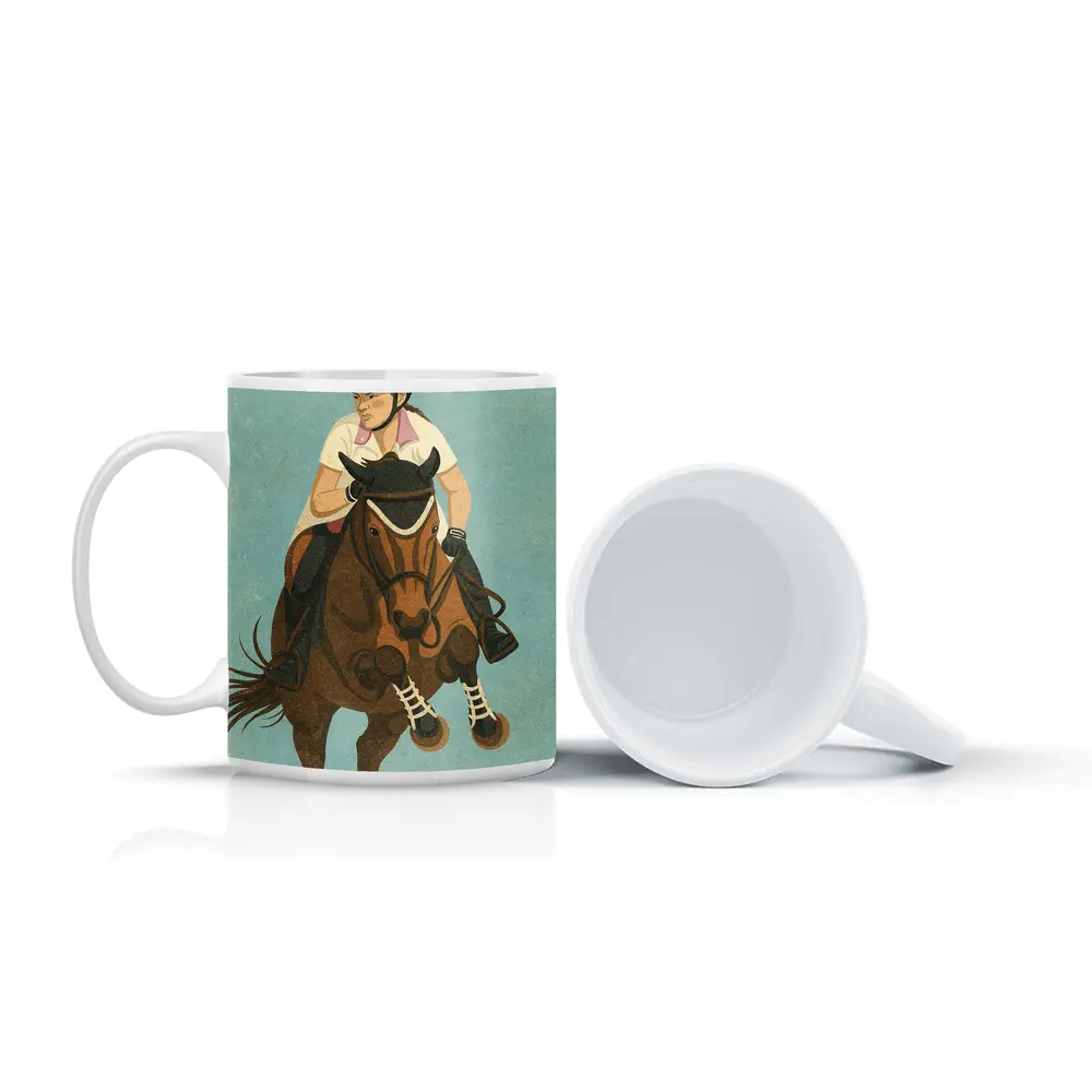 Equestrian Rider Jumping Horse Blue Background – Mugs
