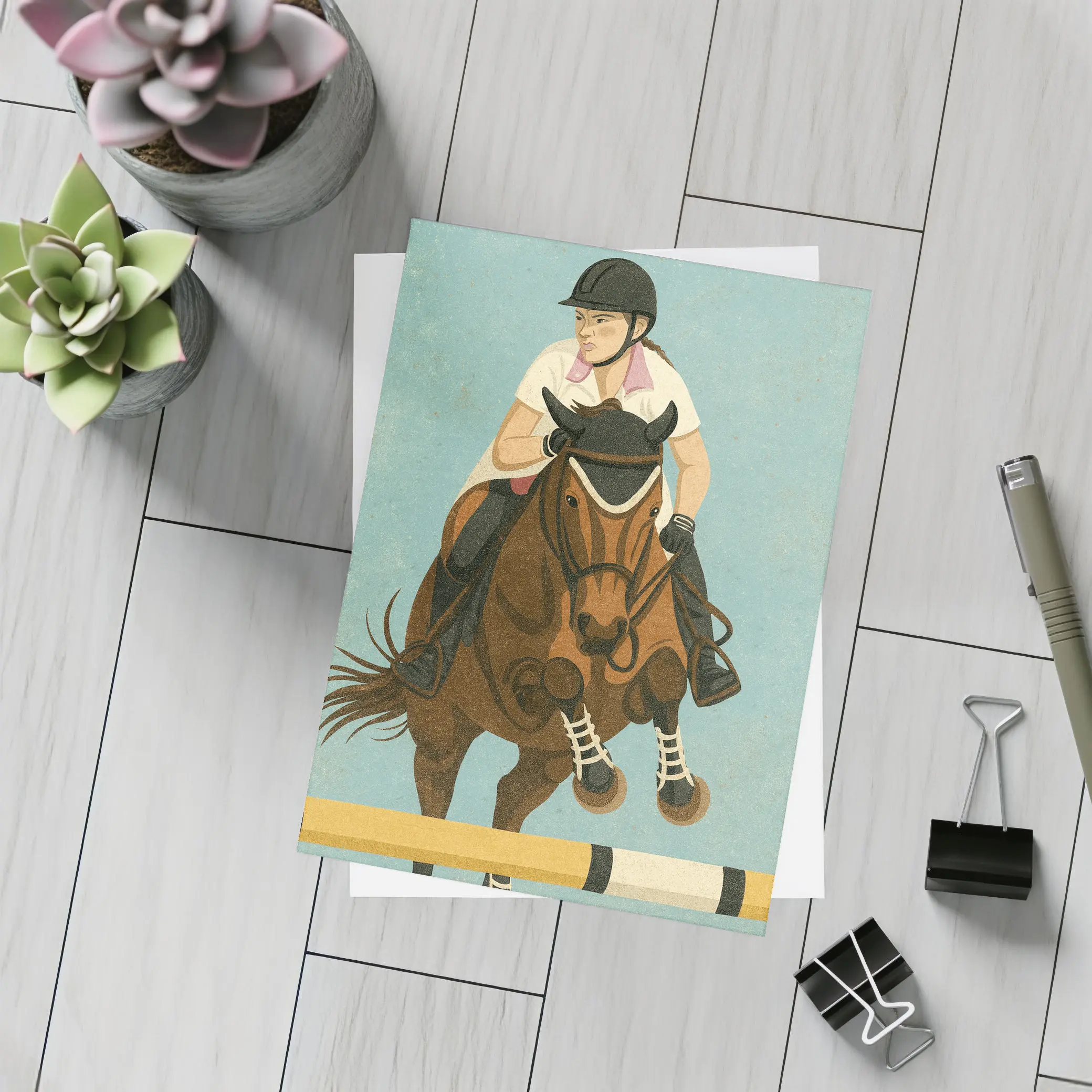 Equestrian Rider Jumping Horse Blue Background – Postcards