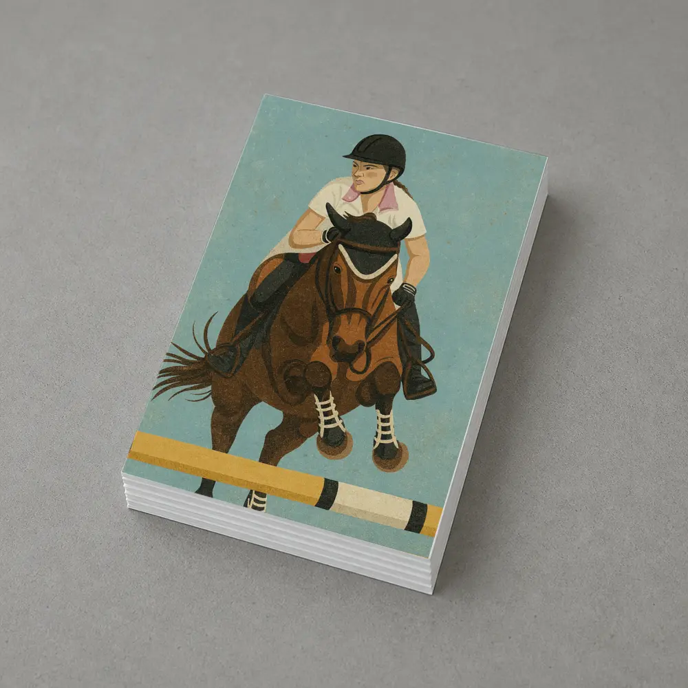 Equestrian Rider Jumping Horse Blue Background – Postcards