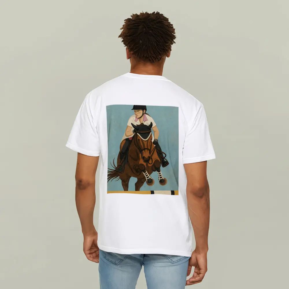 Equestrian Rider Jumping Horse Blue Background – T-Shirts