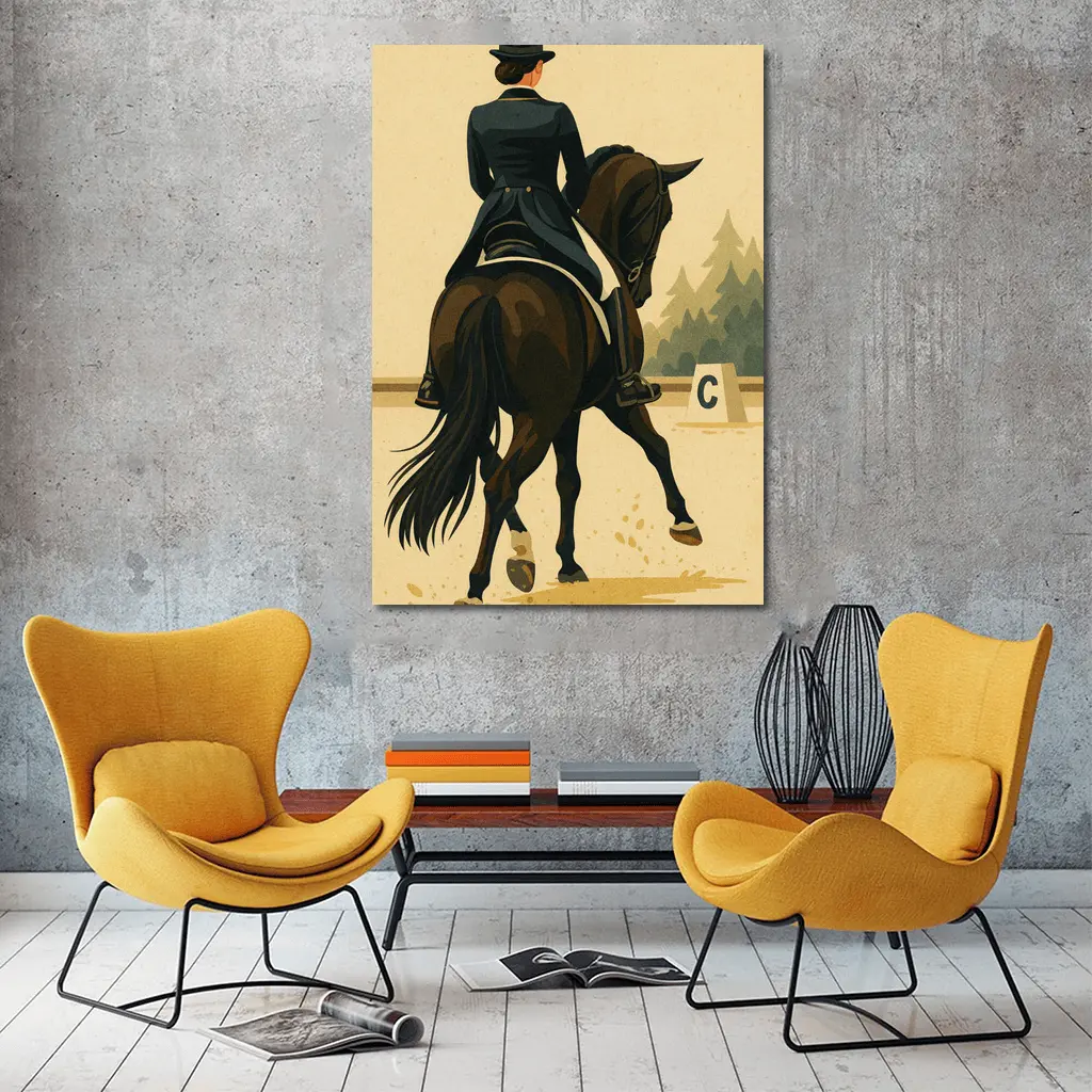 Dressage Rider On Dark Horse Retro Art – Wall Art