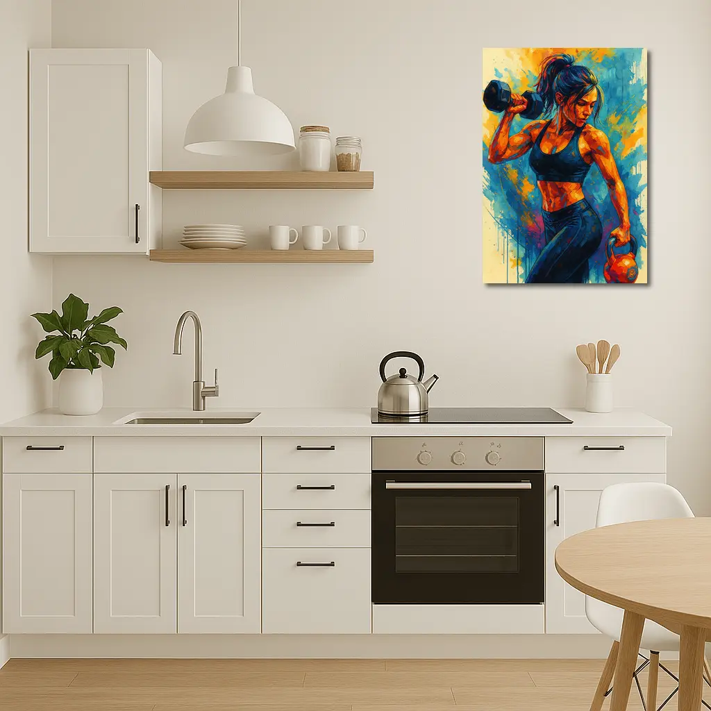 Fit Woman Lifting Dumbbells Colorful Splash Art – Wall Art