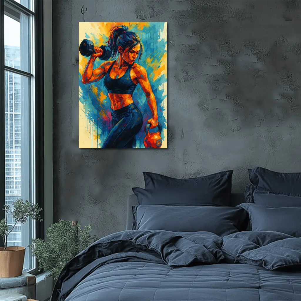 Fit Woman Lifting Dumbbells Colorful Splash Art – Wall Art