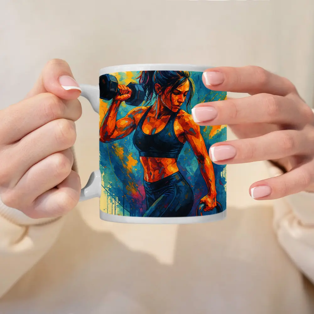 Fit Woman Lifting Dumbbells Colorful Splash Art – Mugs