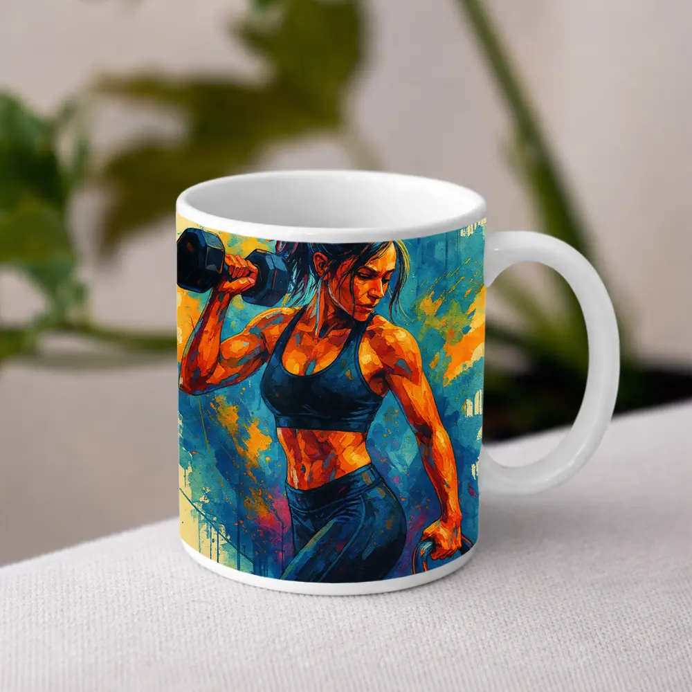 Fit Woman Lifting Dumbbells Colorful Splash Art – Mugs