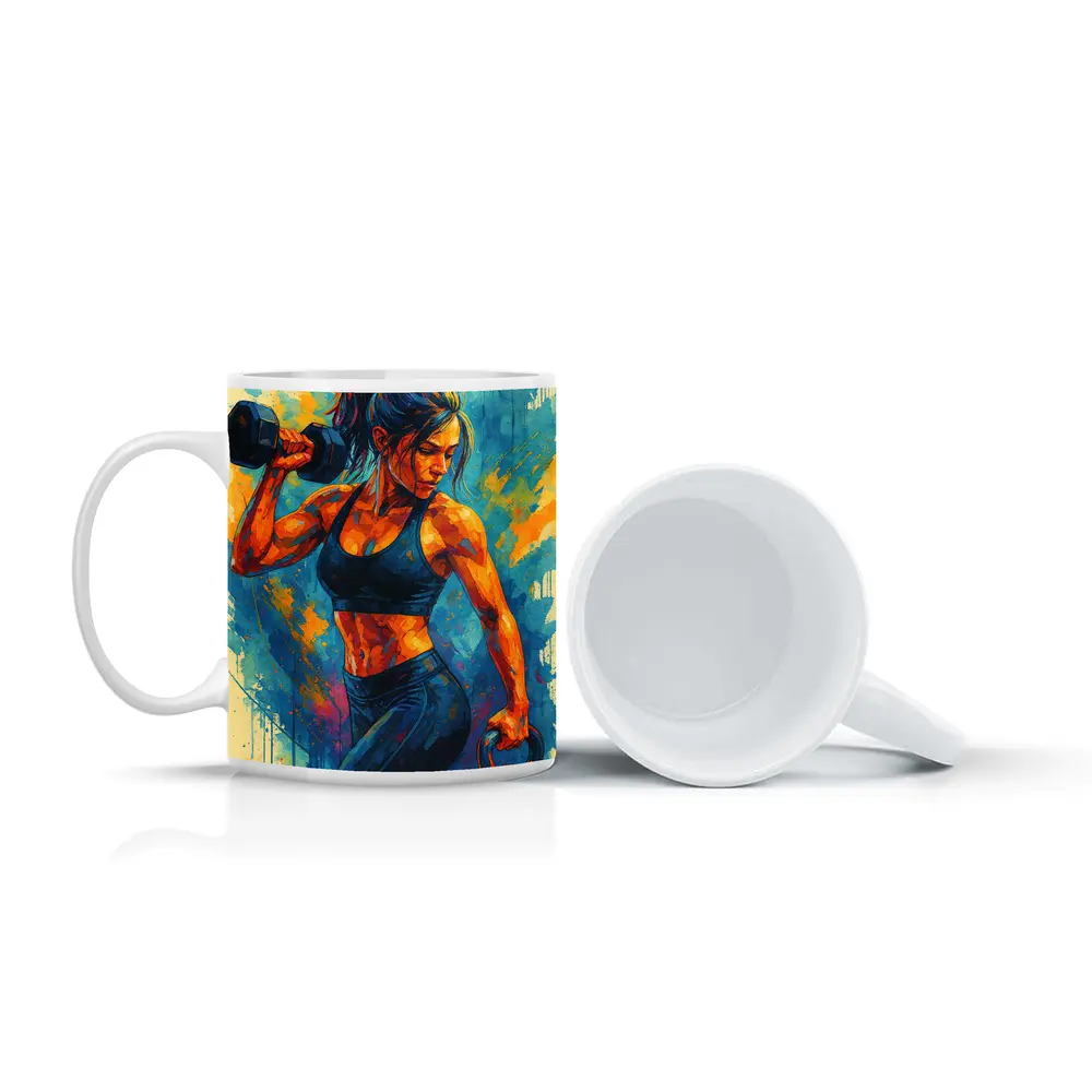 Fit Woman Lifting Dumbbells Colorful Splash Art – Mugs
