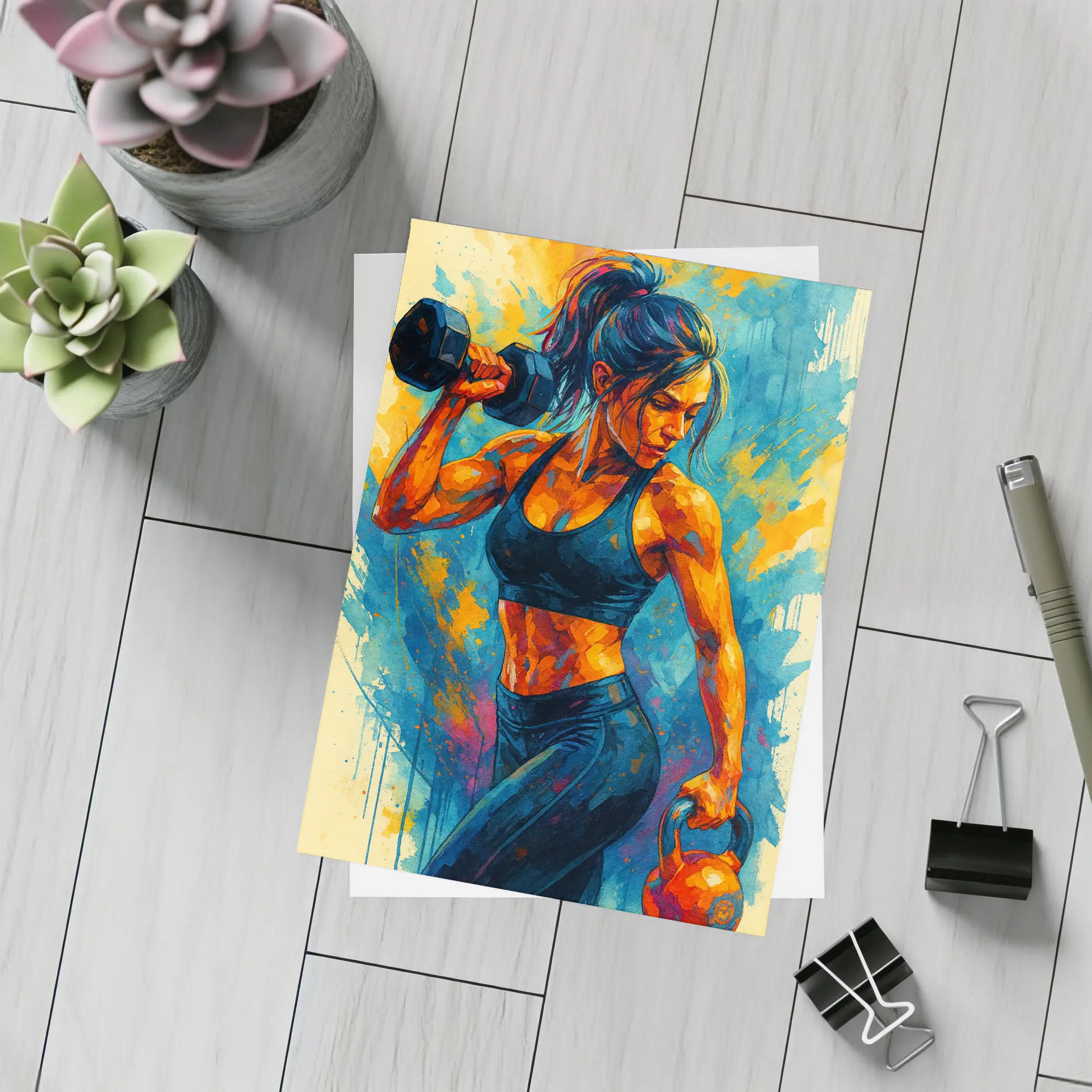 Fit Woman Lifting Dumbbells Colorful Splash Art – Postcards