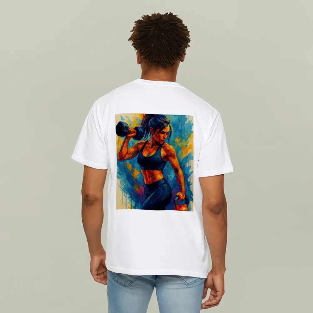 Fit Woman Lifting Dumbbells Colorful Splash Art – T-Shirts