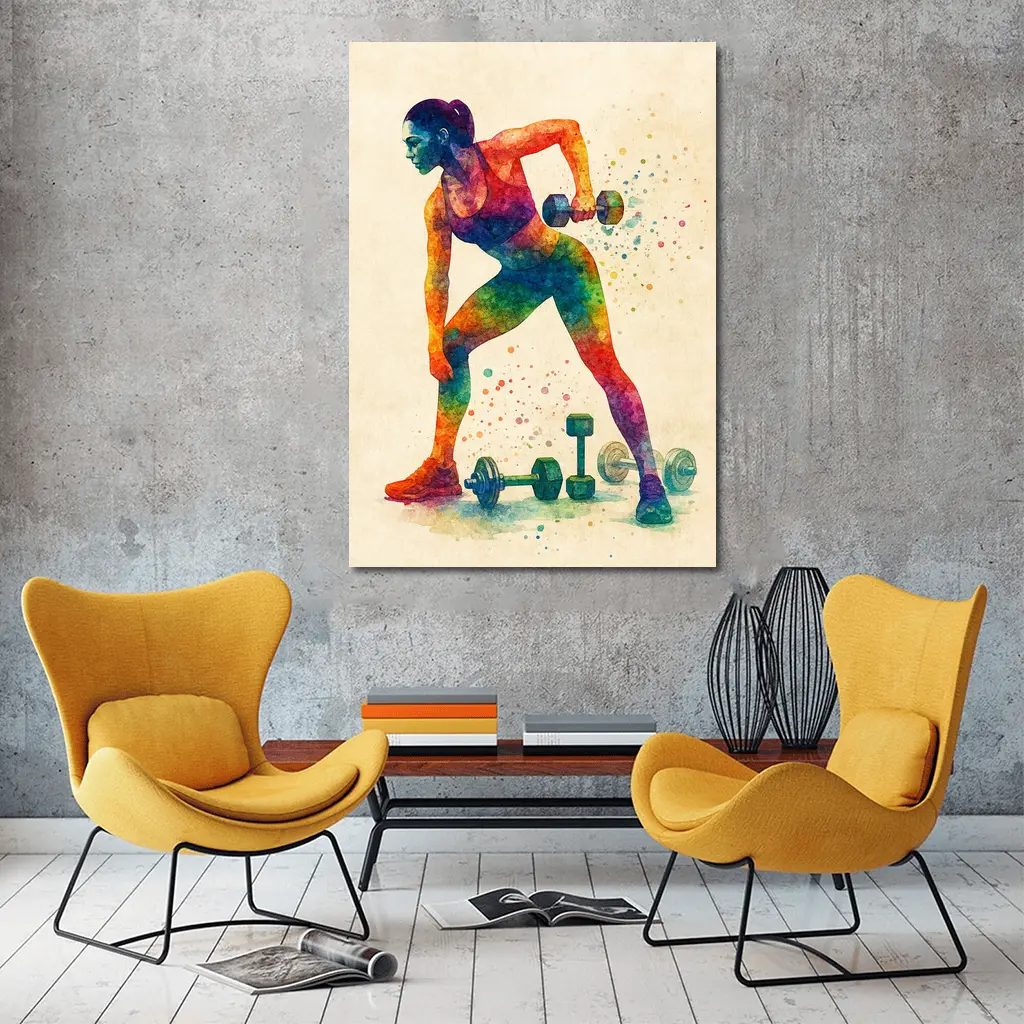 Colorful Woman Lifting Dumbbells Watercolor Art – Wall Art