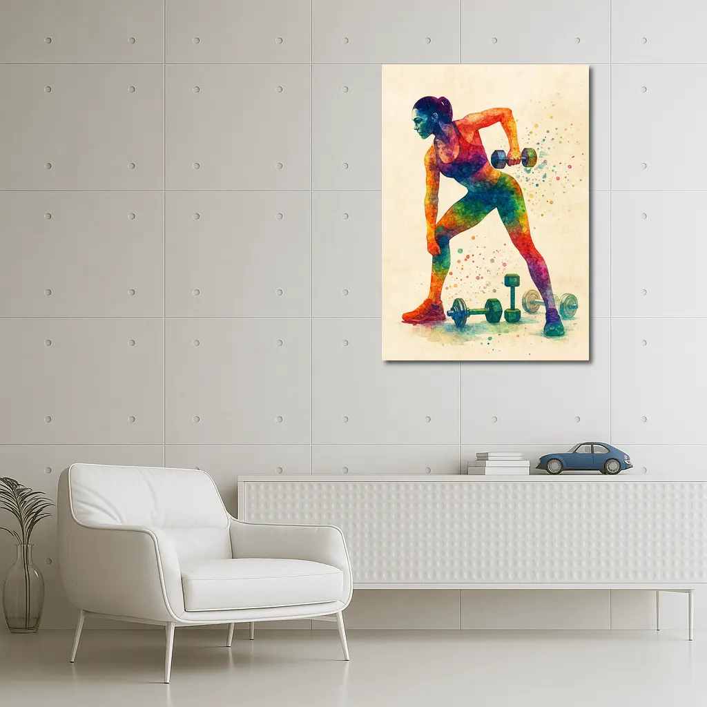 Colorful Woman Lifting Dumbbells Watercolor Art – Wall Art