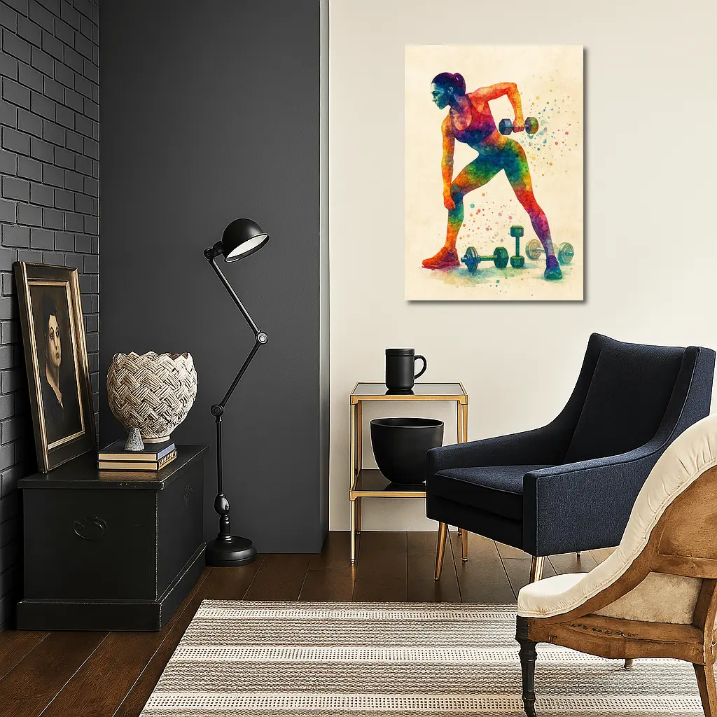 Colorful Woman Lifting Dumbbells Watercolor Art – Wall Art