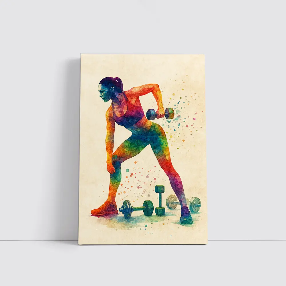 Colorful Woman Lifting Dumbbells Watercolor Art – Wall Art