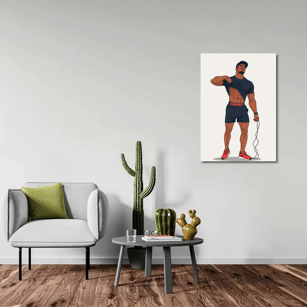 Athletic Man Lifting Shirt Skipping Rope Illustration – Wall Art