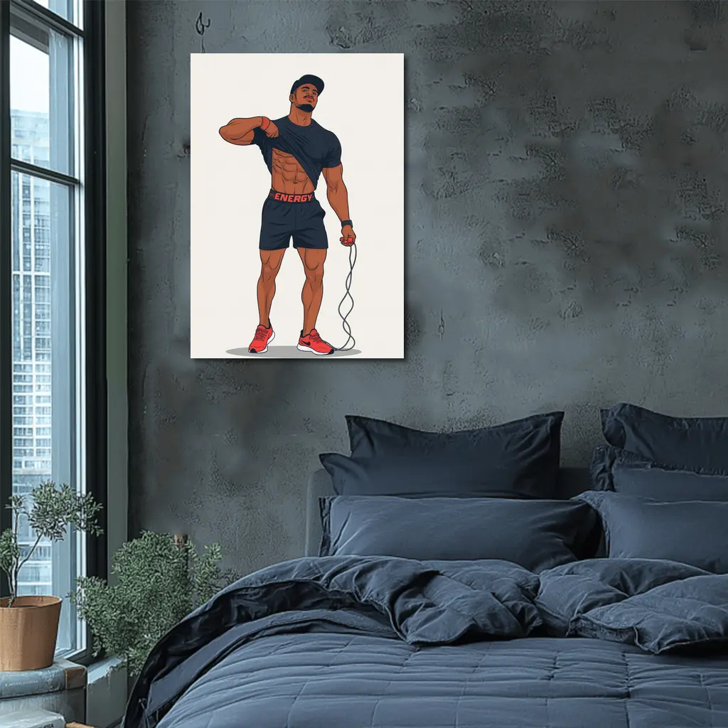 Athletic Man Lifting Shirt Skipping Rope Illustration – Wall Art