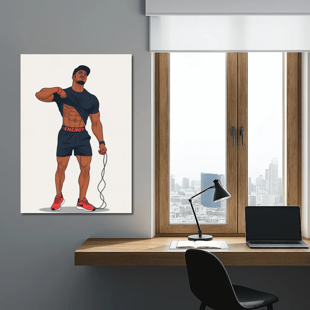 Athletic Man Lifting Shirt Skipping Rope Illustration – Wall Art