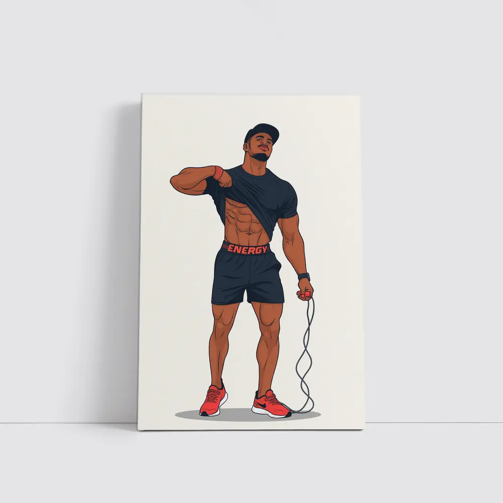 Athletic Man Lifting Shirt Skipping Rope Illustration – Wall Art
