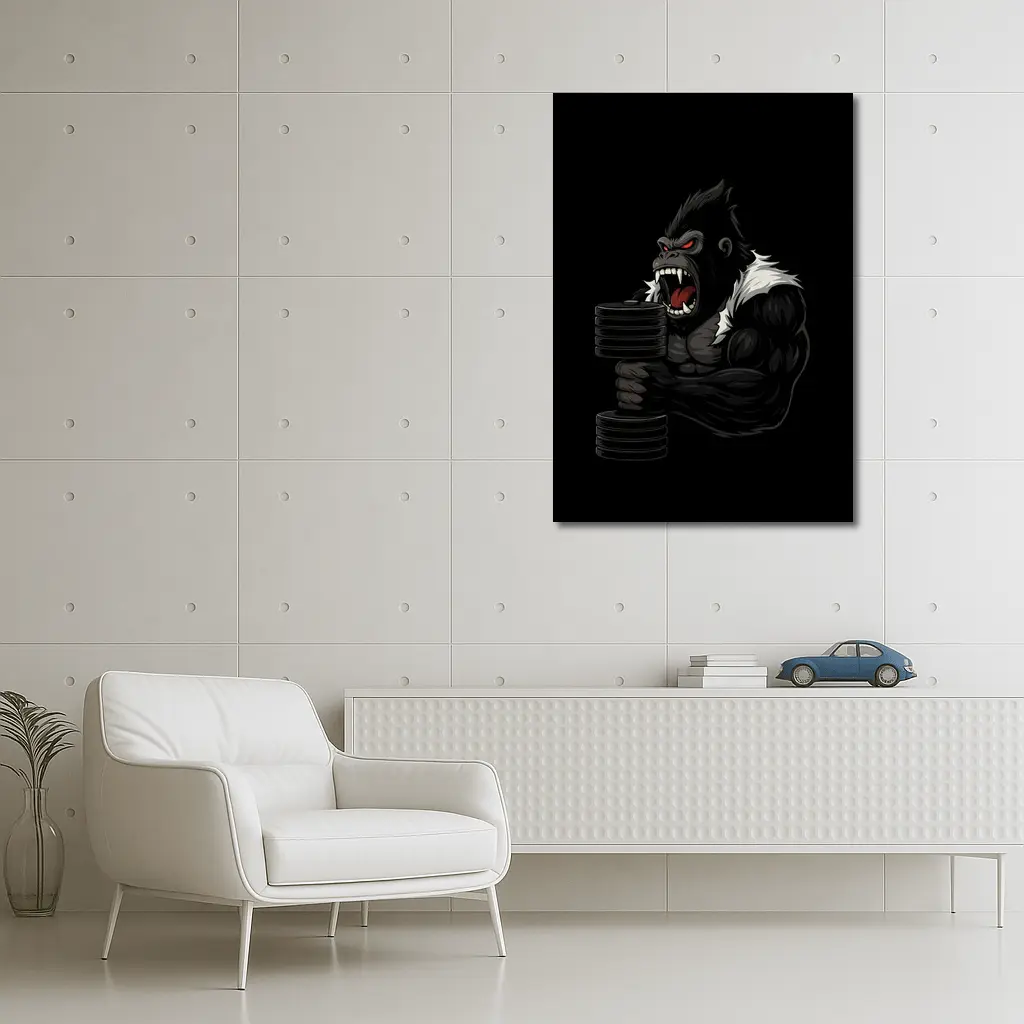 Angry Gorilla Lifting Dumbbell Black Background – Wall Art