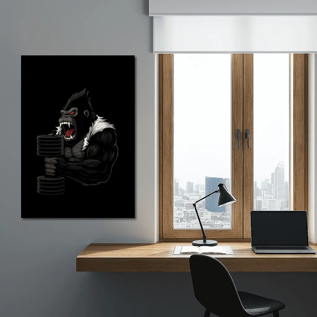 Angry Gorilla Lifting Dumbbell Black Background – Wall Art