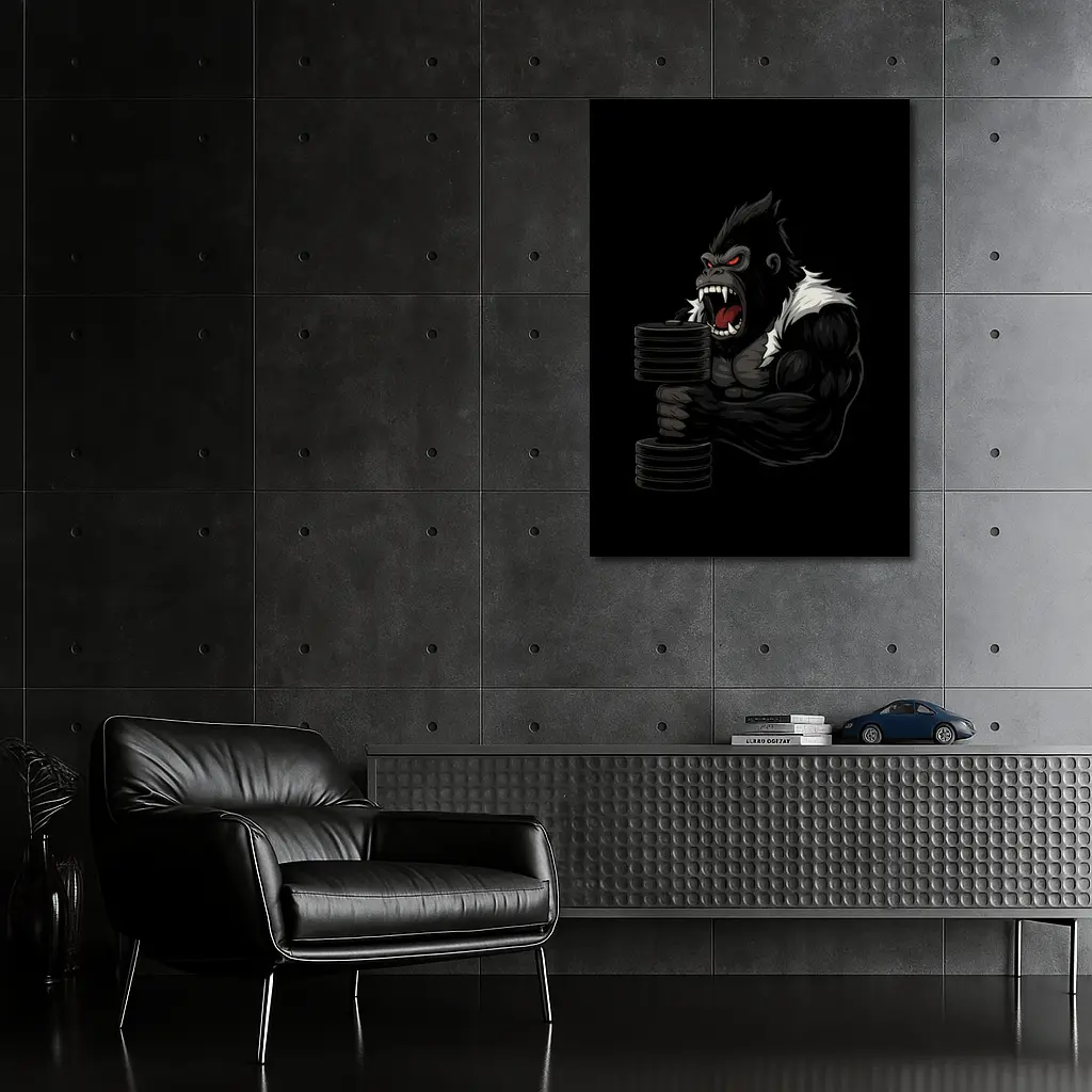 Angry Gorilla Lifting Dumbbell Black Background – Wall Art