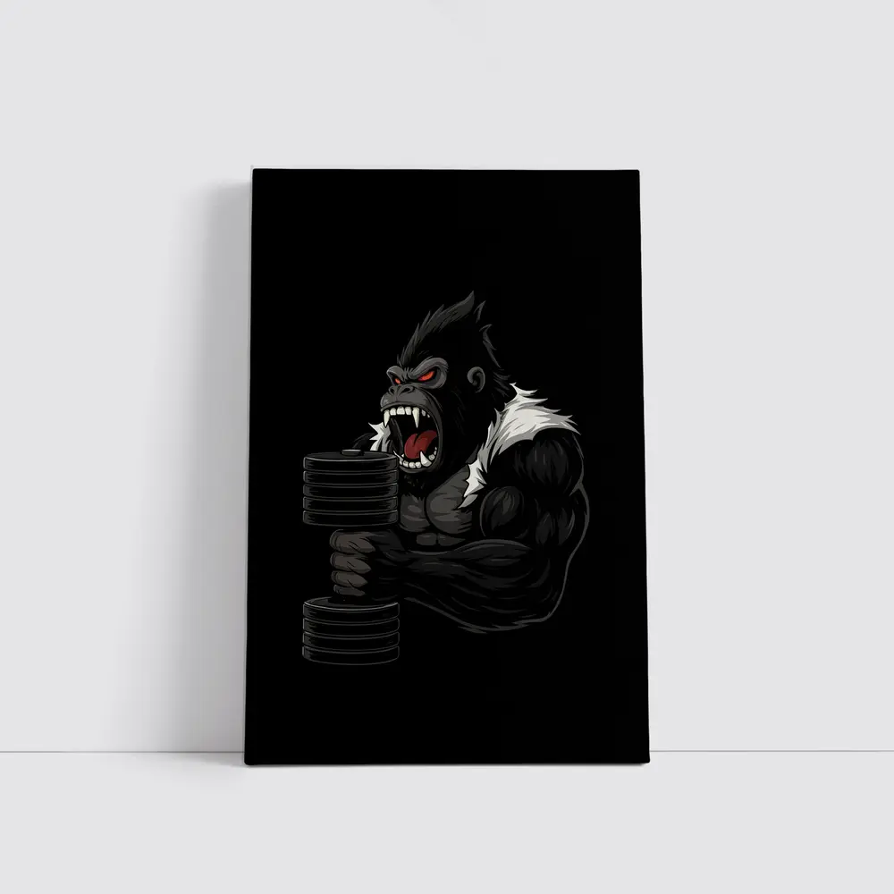 Angry Gorilla Lifting Dumbbell Black Background – Wall Art