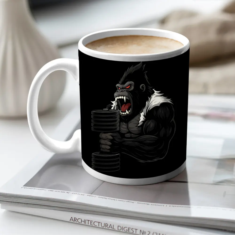 Angry Gorilla Lifting Dumbbell Black Background – Mugs