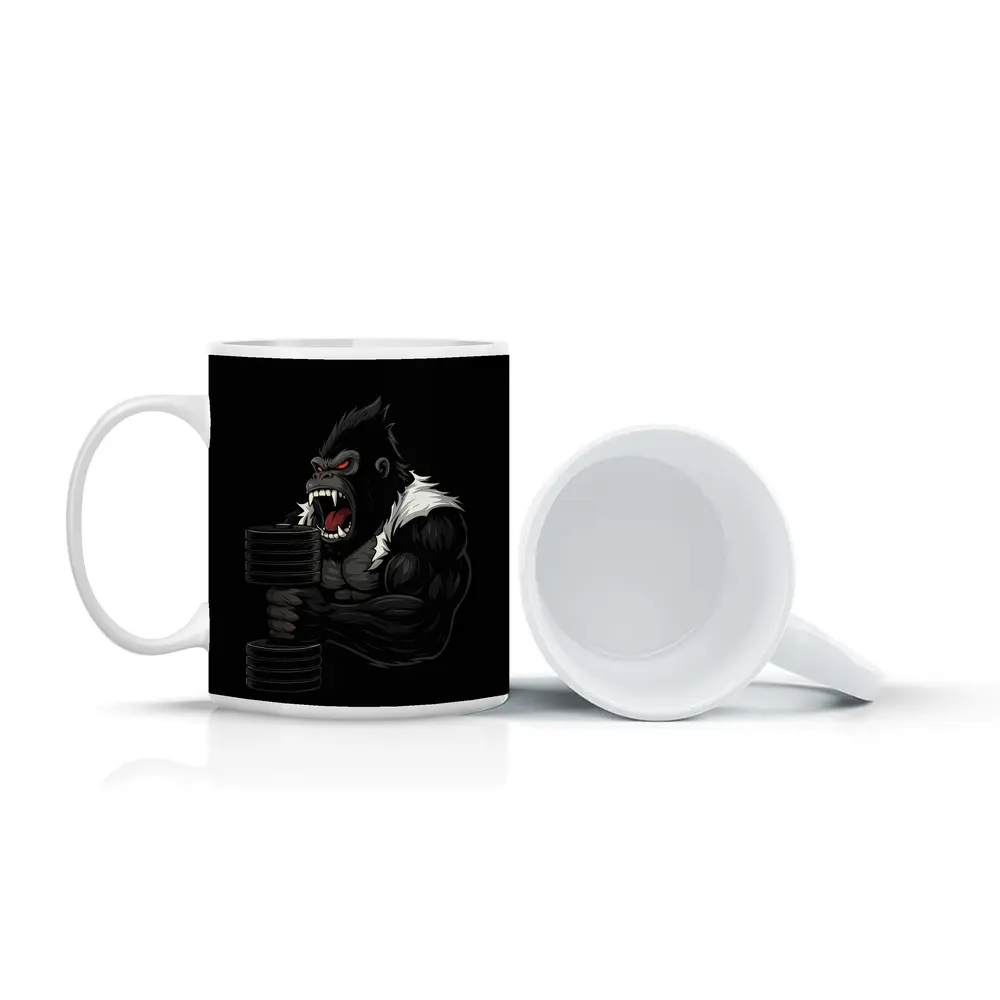 Angry Gorilla Lifting Dumbbell Black Background – Mugs