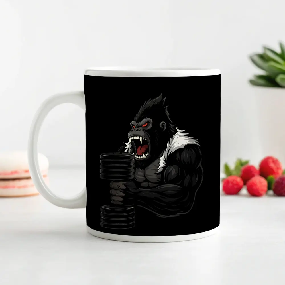 Angry Gorilla Lifting Dumbbell Black Background – Mugs